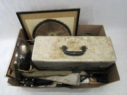 Sportsman's Lot: incl.: vintage tackle box and contents; machete; splitting hatchet; trail camera Cabelas rangefinder; gun cleaning tools; antlers' game calls; compass; miniature cap firing cannon; more