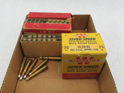 Collectible Winchester Cartridges and Boxes: Incl.: .32-40 box with (11) cartridges; .35 Rem Silvertip box with (13) cartridges; Super Speed 20 Ga. Slug box with (10) shells; (6) .30-30 Silvertip cartridges