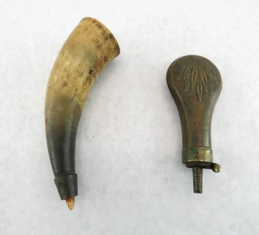 Antique Powder Flask & Horn: the flask 5" in length, the horn 5.75" in length
