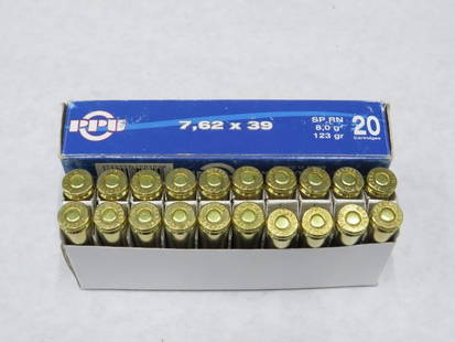 Box of PPU 7.62x39 Cartridges: brass cases