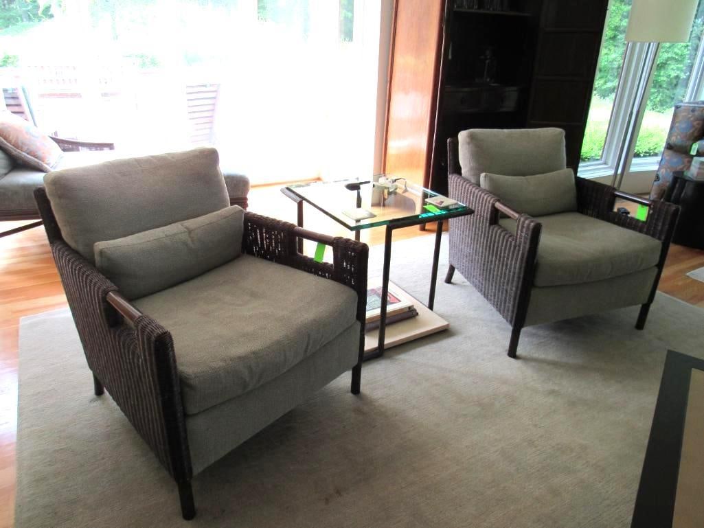 Pair of Thomas Pheasant Cushioned Wicker Armchairs & Ottoman (1 of 20)