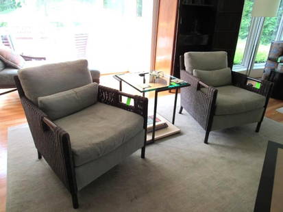 Pair of Thomas Pheasant Cushioned Wicker Armchairs & Ottoman: chairs: 30" x 34" x 30"; ottoman: 31" x 22 x 17"