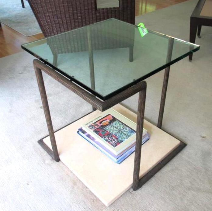 Thomas Pheasant MCM Bronzed Frame, Glass and Marble End Table: 24" x 24" x 24"