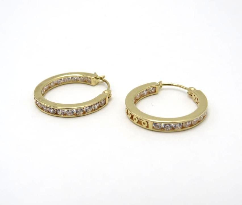 Pair of 14K Yellow Gold and CZ Hoop Earrings: 18.5mm in diameter, 3.11 grams total weight