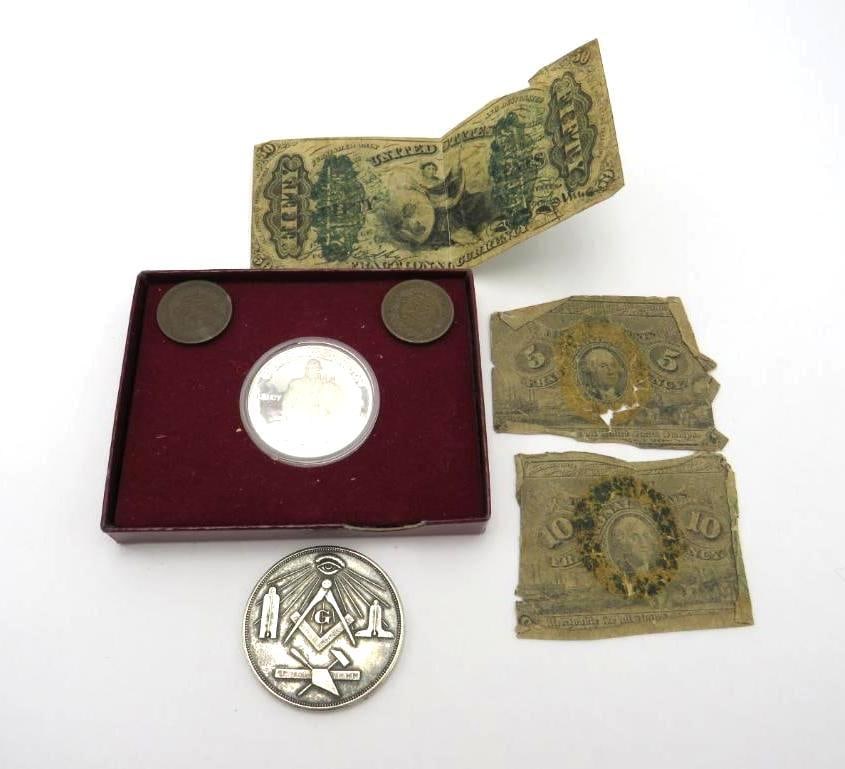 U.S. Fractional Currency, Indian Head Cents & Washington Commem. Silver Half Dollar (1 of 9)