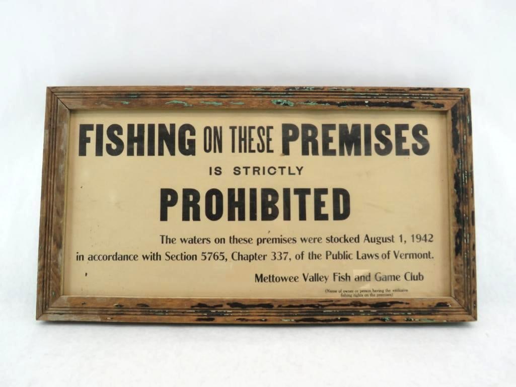 Vintage Mettowee Valley Fish and Game Club Sign: 14.25" x 26" framed