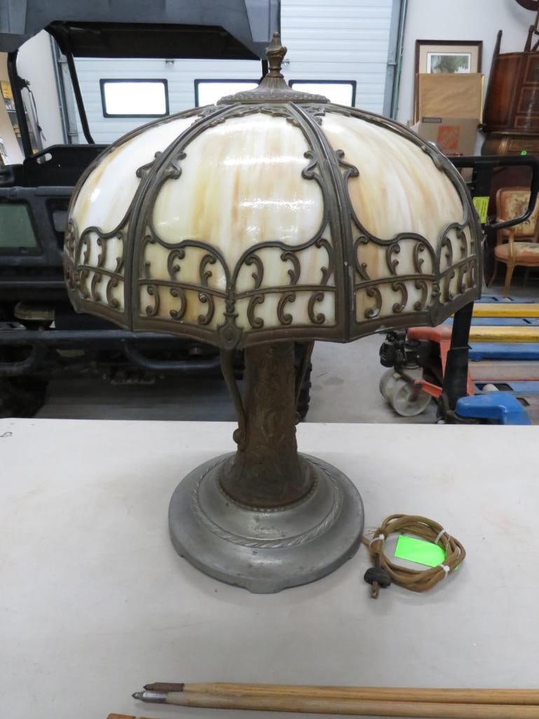 Vintage Patinated Metal Lamp with Six Panel Slag Glass Shade (1 of 4)