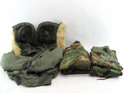(5) U.S. Military Clothing Articles: Flight Jacket, M; (2) Camo Pants, S Reg.; (2) Camo Jackets, S Reg.