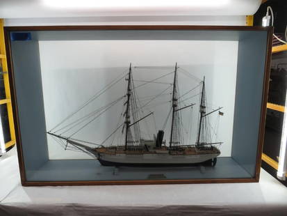 Vintage Wood Model Sailing Ship "Bear of Oakland" Admiral Byrd's Flagship: Originally commissioned the SS Bear by Newfoundland, she was purchased by the United States in 1884 and decommissioned in 1944. This model is approx. 39" in length x 23" in height. The case being 32"