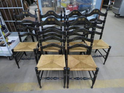 Set of (6) Hitchcock Style Painted Rush Seat Ladderback Chairs: Set of (6) Hitchcock Style Painted Rush Seat Ladderback Chairs
