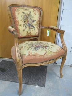 French Style Needlepoint Upholstered Open Arm Chair: French Style Needlepoint Upholstered Open Arm Chair