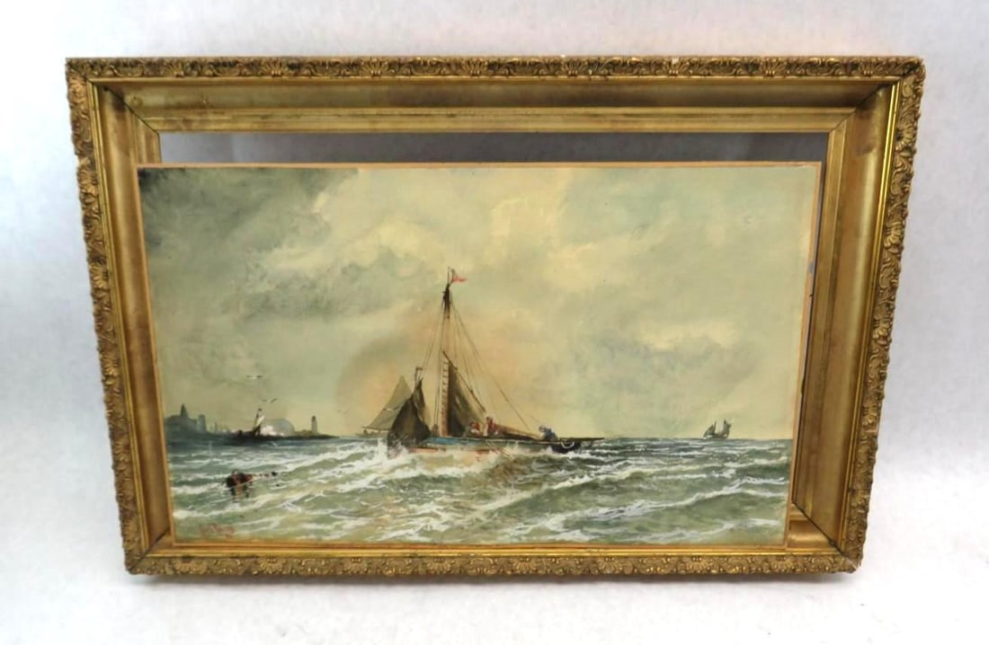 Antique Carl Russell Watercolor Painting: depicting a sailboat, signed lower left "Carl Russell 95", 12" x 20", with a period frame (no glass)