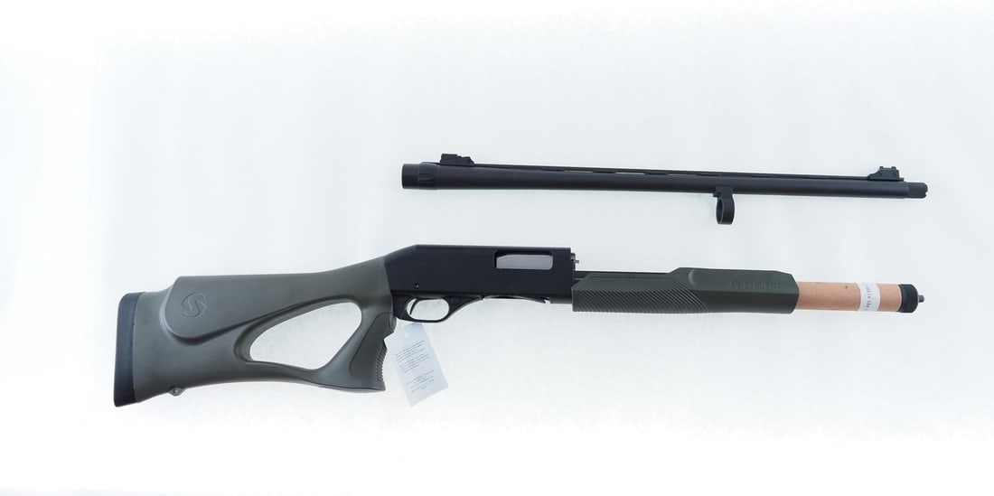 Stevens Model 320 Security Slide Action Shotgun: s.n. 211186Q, 20 Ga., 22" ventilated rib barrel, 3" chamber, extended full choke tube, turkey sight, green thumbhole pistol grip stock. New in the factory box. Modern (25-0547)