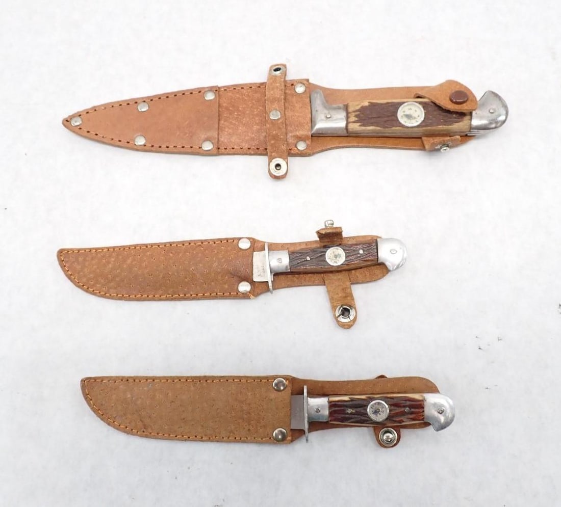 (3) Vintage Japanese Fixed Blade Knives: with leather sheaths, 8.75" & 6.5" oal