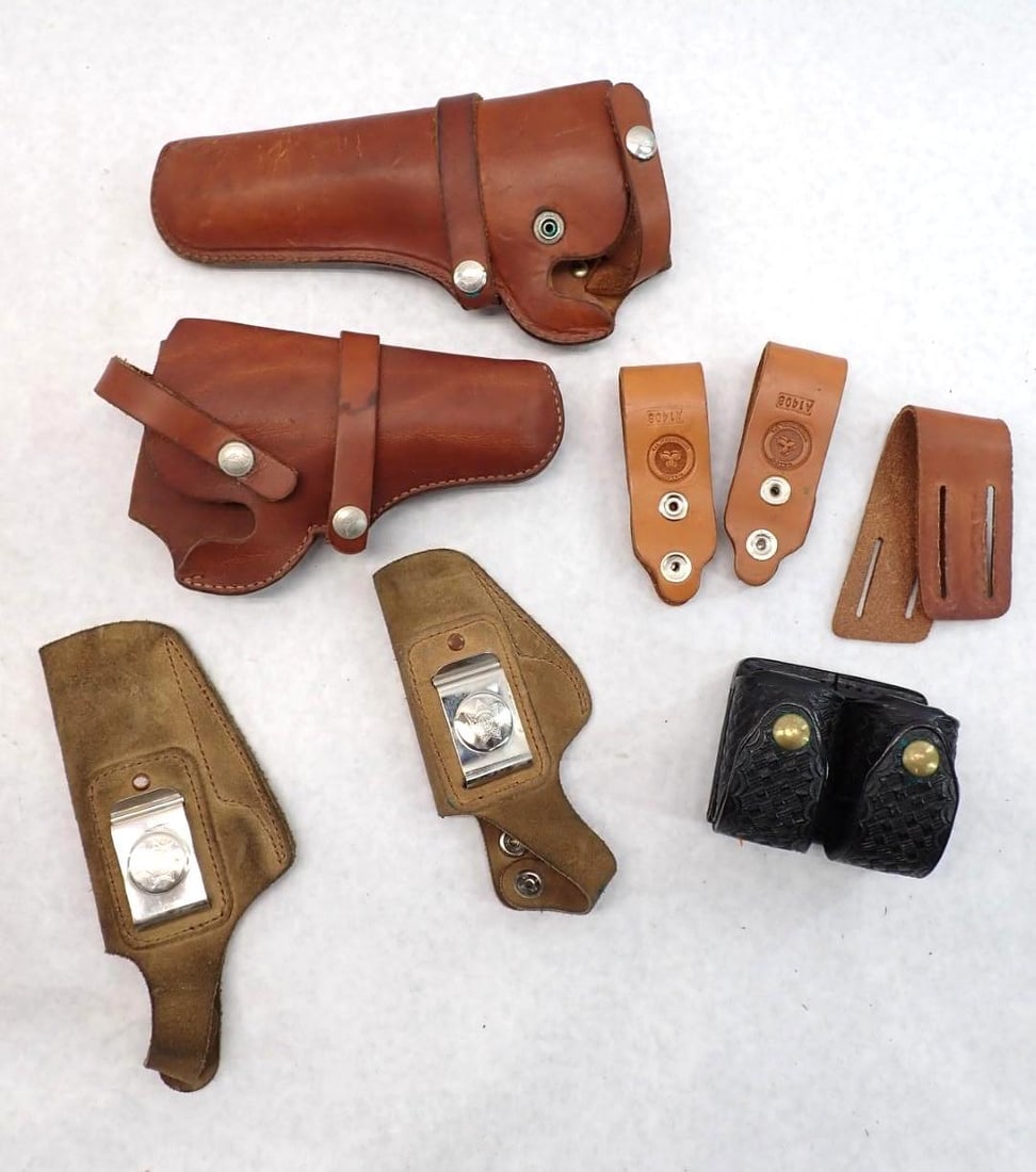 (13) Leather Holsters, Belt, Cylinder Case: Pistol & Revolver Incl. Shoulder Holster, Large Cal Belt, Etc