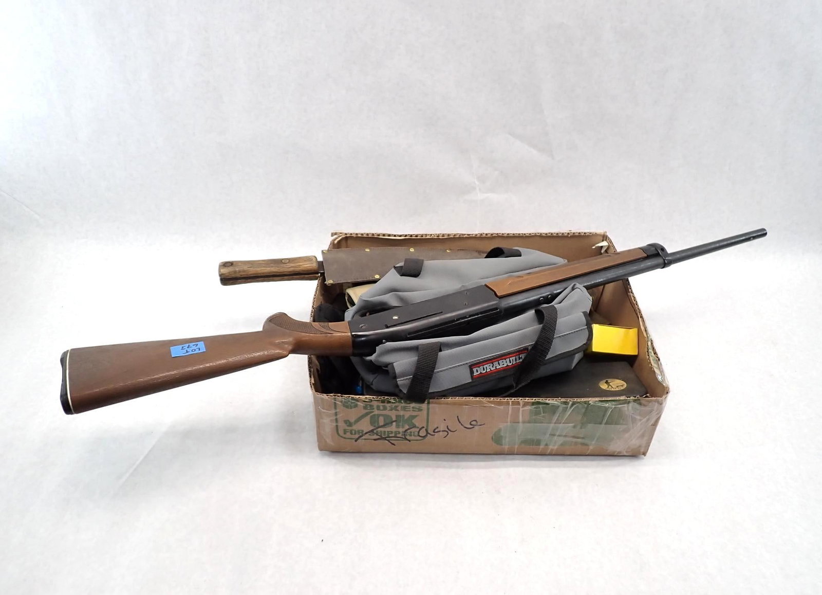 Gun Show Lot: incl.: Crosman air rifle; L.L. Bean travel organizer; antique sugar cane knife; gun cleaning articles; gun locks; small tools; Glock magazine loaders