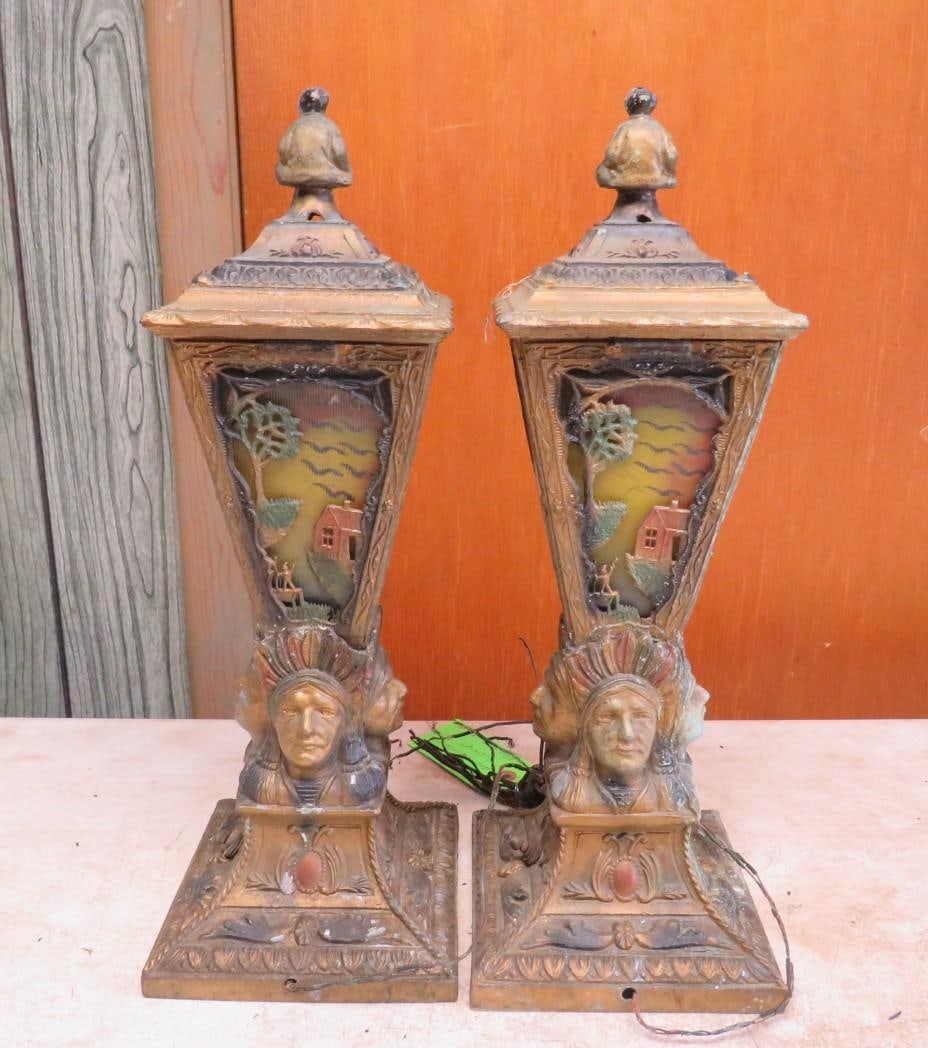 (2) Native American Chief Art Deco Torch Lamps: Reverse painted, 17" height
