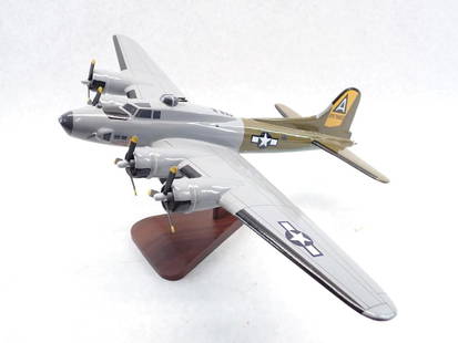 Carved Wood B-17 Bomber "Little Miss Mischief": with stand, 22.25" wing span, some paint cracking due to wood shrinkage 