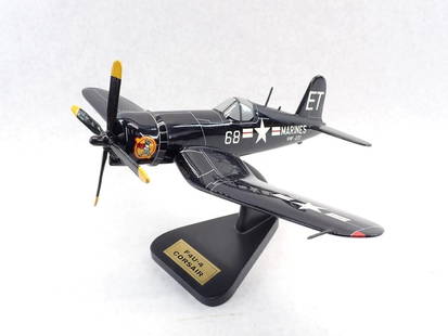 Carved Wood Marine Corsair F4U-4 Fighter Plane: with stand, 17" wing span 