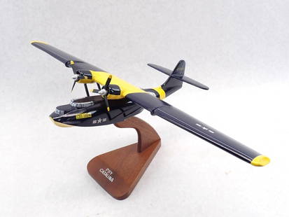 Carved Wood PBY Catalina Air Force Boat Plane: with stand, 19.25" wing span, some paint cracking due to wood shrinkage 
