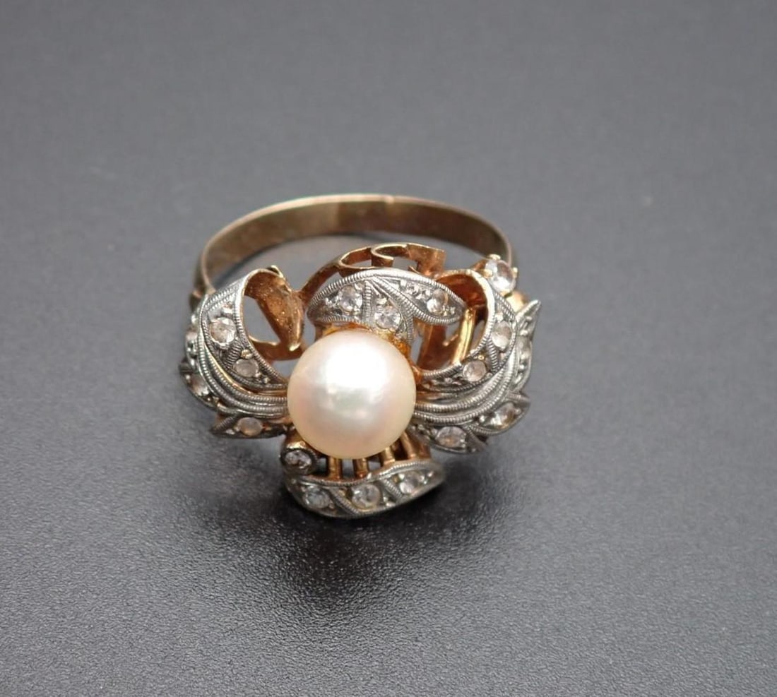 Vintage 14K Yellow Gold, Pearl & Diamond Simulant Ring (1 of 5)