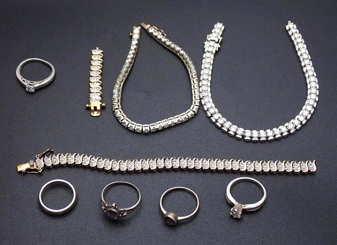Sterling Silver Jewelry Lot: incl.: (3) bracelets, needing repair; (5) rings; 59.1 grams total weight