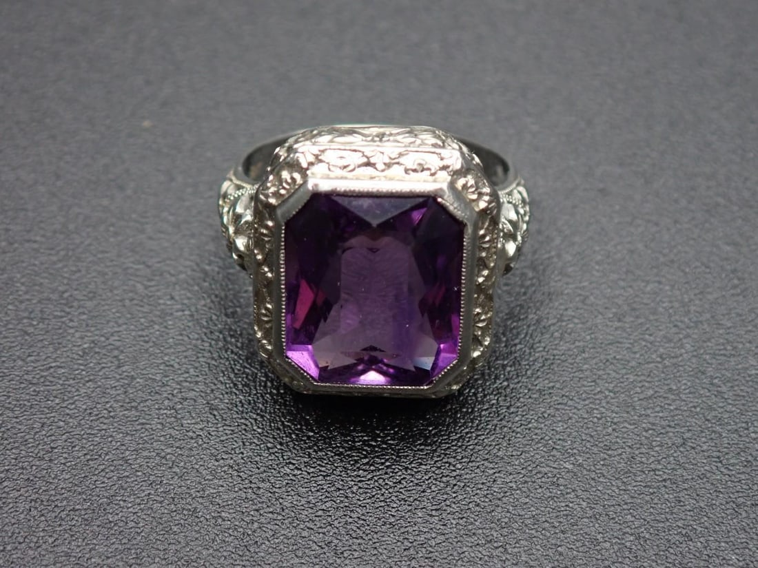 Vintage 14K White Gold Filigree and Amethyst Ring: 12mm x 10mm 5.8 carat amethyst, size 5.5, 4.46 grams total weight