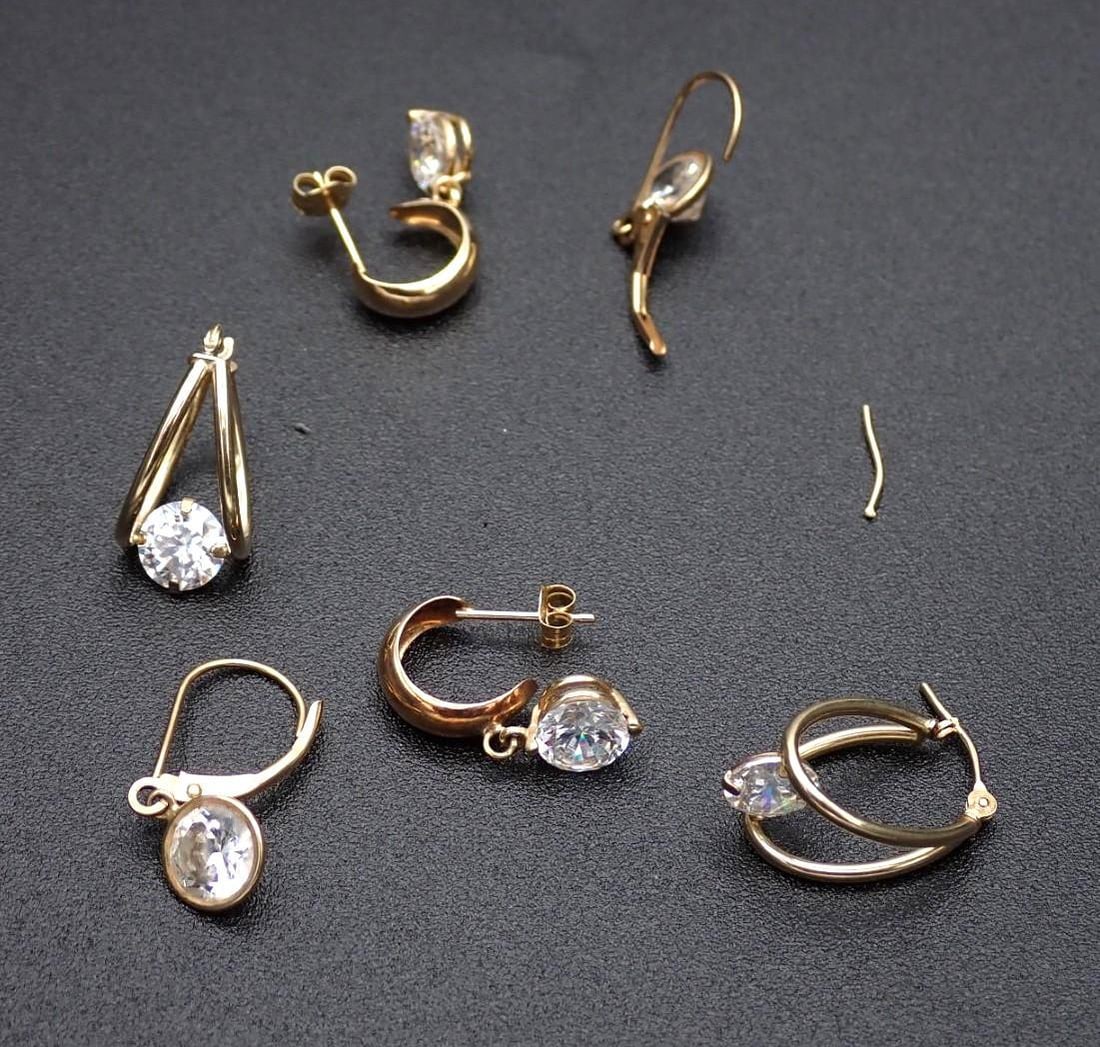 (3) Pairs of 14K Yellow Gold and CZ Earrings: one needs wire repaired; 5 grams total weight