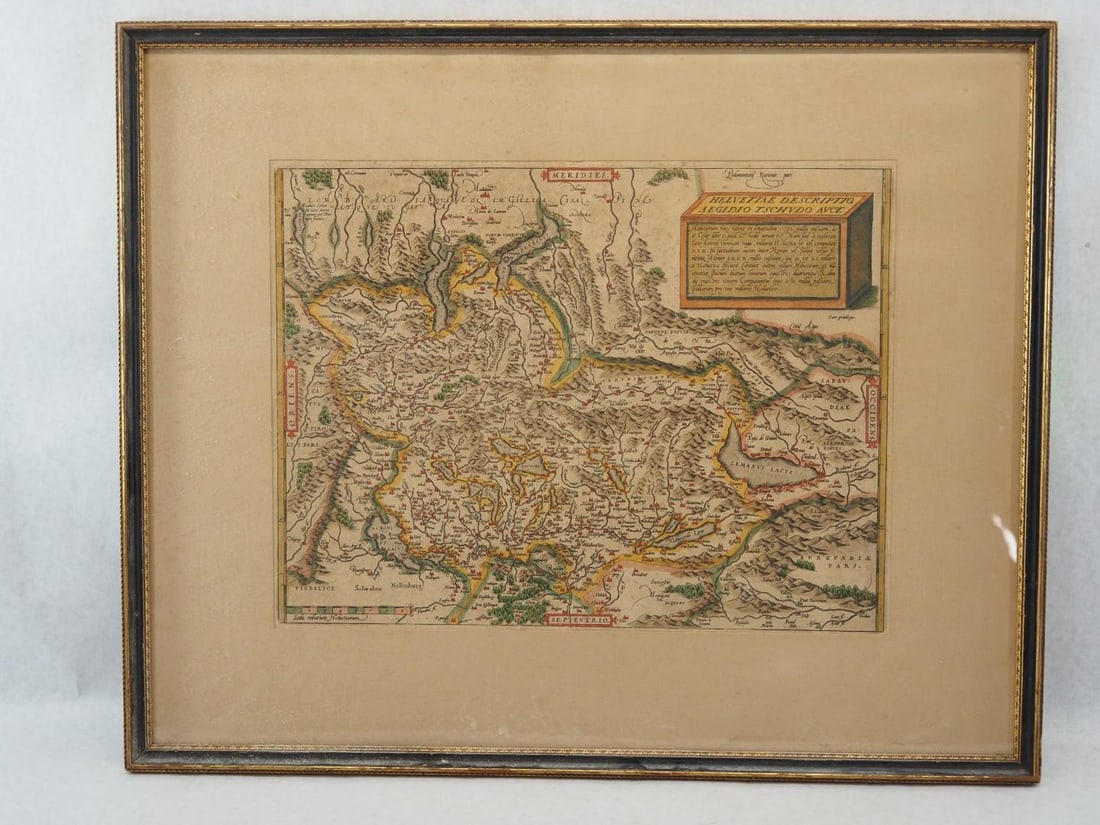Antique Copper Engraving Colored Map of Switzerland: the image being 13.75" x 18" plus the margins, 22.125" x 27.125" framed. Rendered and published by Abraham Ortelius, Antwerp, ca. 1598. Overall very good with no apparent damage or insect work. Not ex