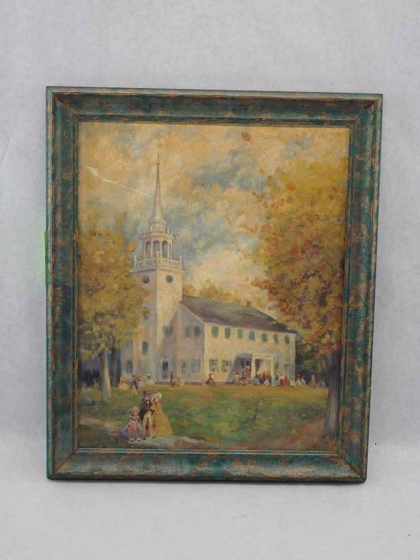 John Williams Robbins Oil on Artist's Board Painting "An Autumnal Sabath": depicting a church, 16.25" x 13.25", signed lower right and en verso, scratch with minor loss upper left