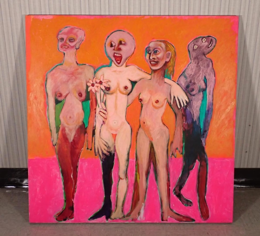 Fran Bull Oil On Canvas Painting: standing nudes, 48" x 48" , signed lower right "F. Bull 89"