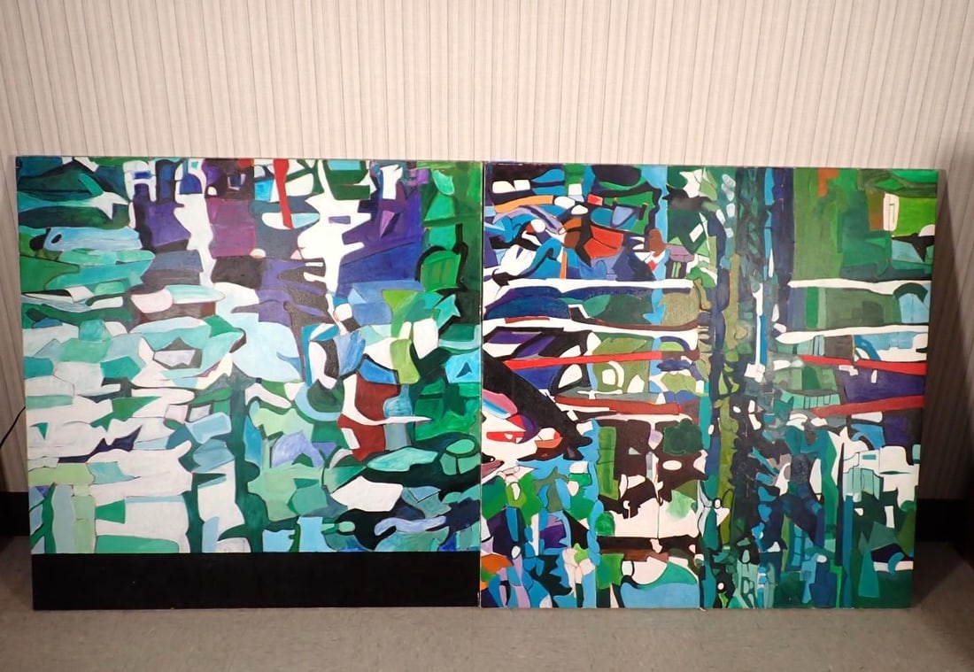 Fran Bull Oil On Canvas Triptych Painting: "Painted Storks; A Retelling", each being 48" x 48" and signed & titled en verso