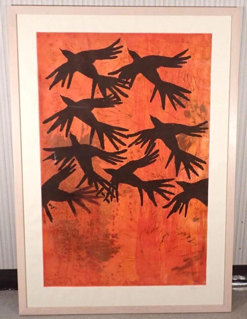 Fran Bull Print On Pressed Paper: "Larks", 1/9, signed lower right "F. Bull '09", 71" x 51 1/4" Framed