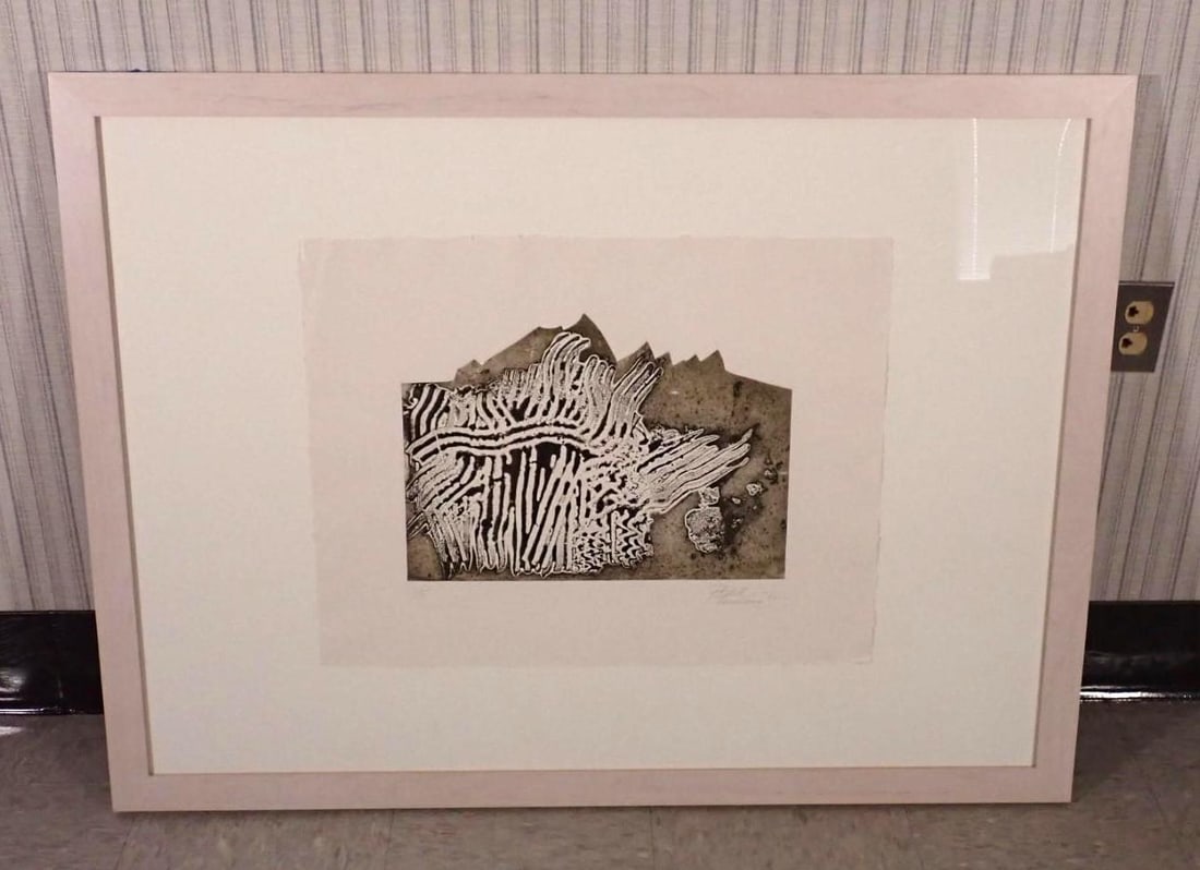 Fran Bull India Ink Etching On Paper: Barcelona! series "Os", signed lower right, 33 1/4" x 44 3/4" framed