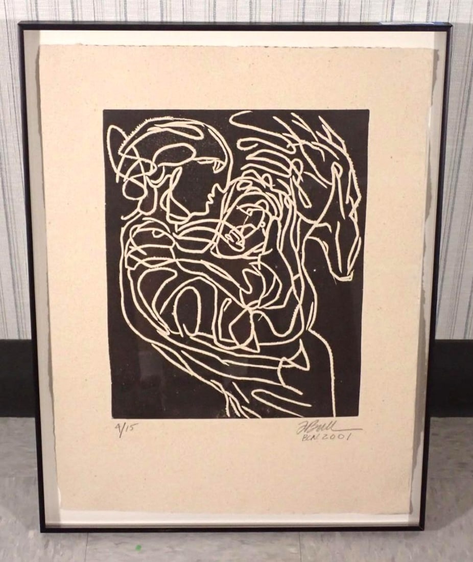 Fran Bull India Ink On Pressed Paper Print: "Horse & Rider 3", signed lower right, 2001, 28 1/4" x 21 3/4" framed