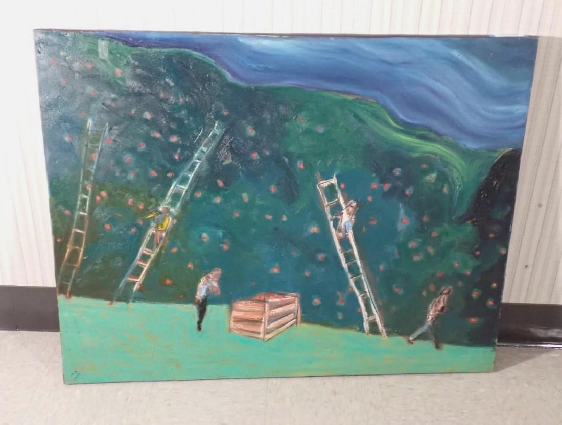 Marc Awodey Oil & Mixed Media On Canvas Painting: "Applepickers", signed lower left and en verso, 36" x 46"