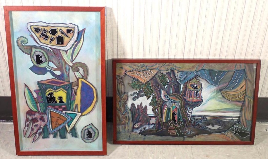 (2) Joan Curtis Colored Pencil w/Acrylic On Paper Drawings: "Home Thoughts", 26" x 16" framed & "Tree House No.34", 16" x 26" framed, both signed on the front and en verso