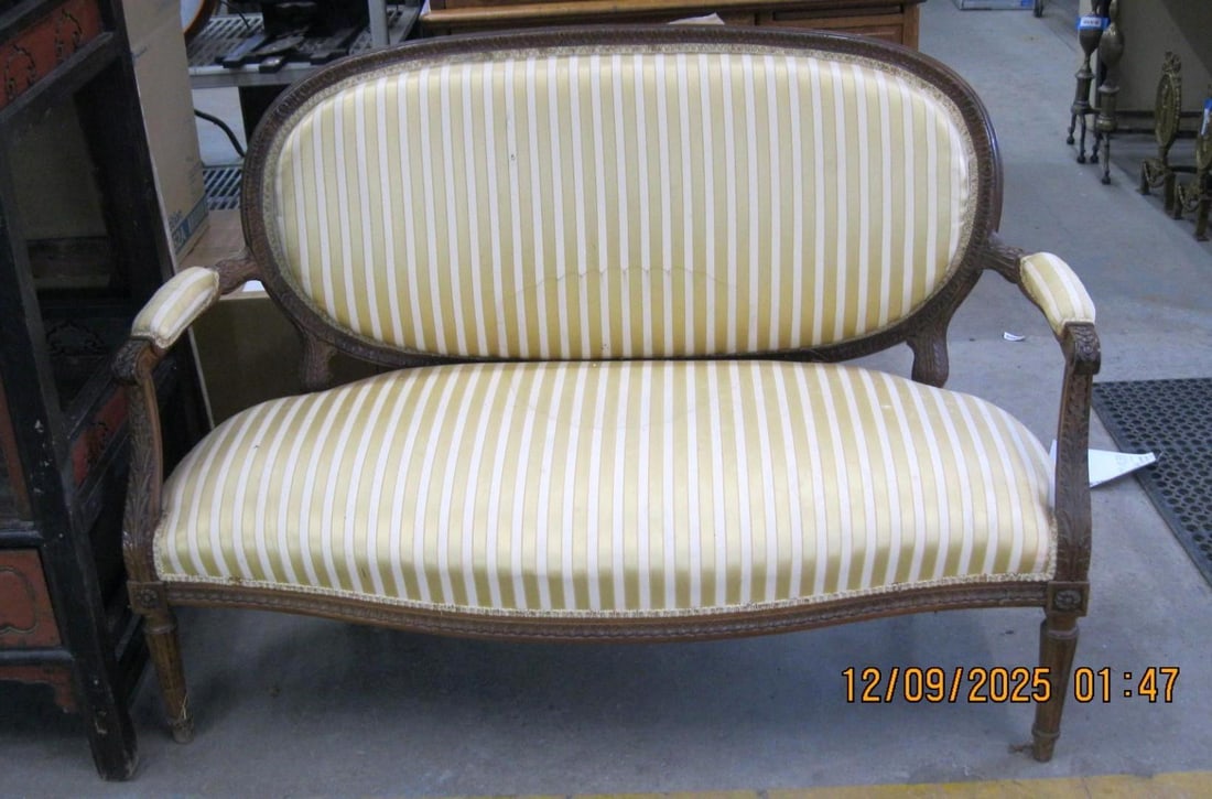 Upholstered Settee: approximately 51" wide, 35" tall and 22" deep.