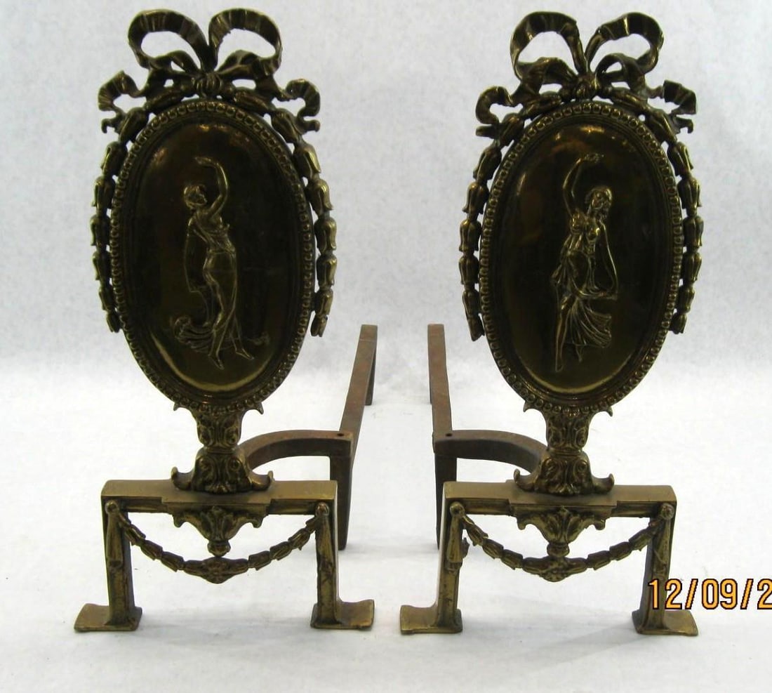 (2) Brass Andirons: featuring dancing women, 17 tall