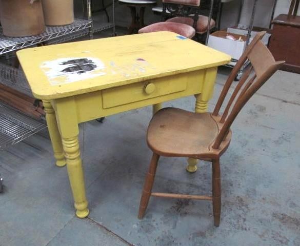 Yellow Painted One Drawer Table w/Arrow Back Chair (1 of 3)