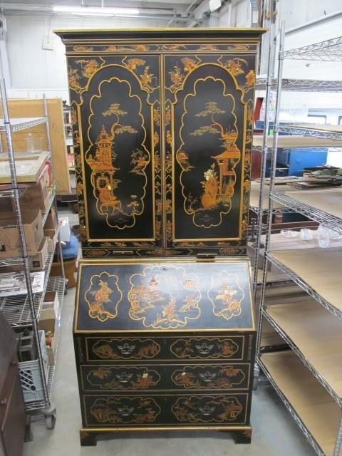 Handmade Chinoiserie Secretary: Mirrored Interior, 87 Tall, 38 Wide, 20 Deep