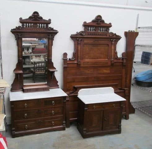 Victorian (3) Piece Fancy Walnut Marble Top Bedroom Set (1 of 10)