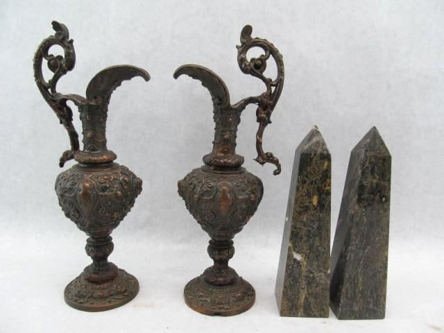Pair Stone Obelisks (8.5), Pair Decorative Ewers (12"): .