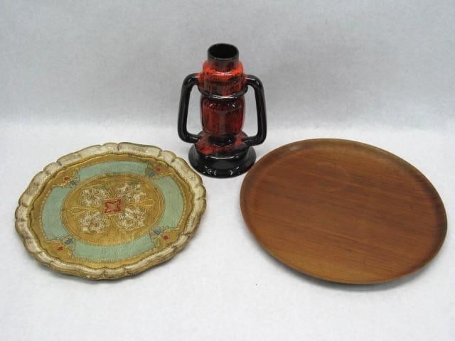 14" Swedish Teak Tray & Florentine Tray: with lava glaze pottery