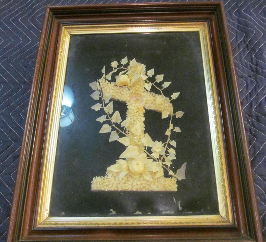 Walnut Framed Wax Memorial Wreath: 16" X 20", *missing small section in middle