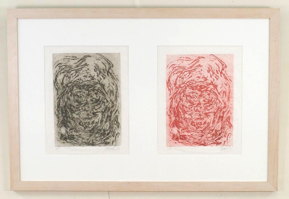 Fran Bull Collection of (2) Prints on Pressed Paper: including "Fallen Ones Red Variation 2" & "Fallen Ones Intaglio 2", each 2/9, SLR, "F Bull '10", 32 1/2" x 48" Framed 