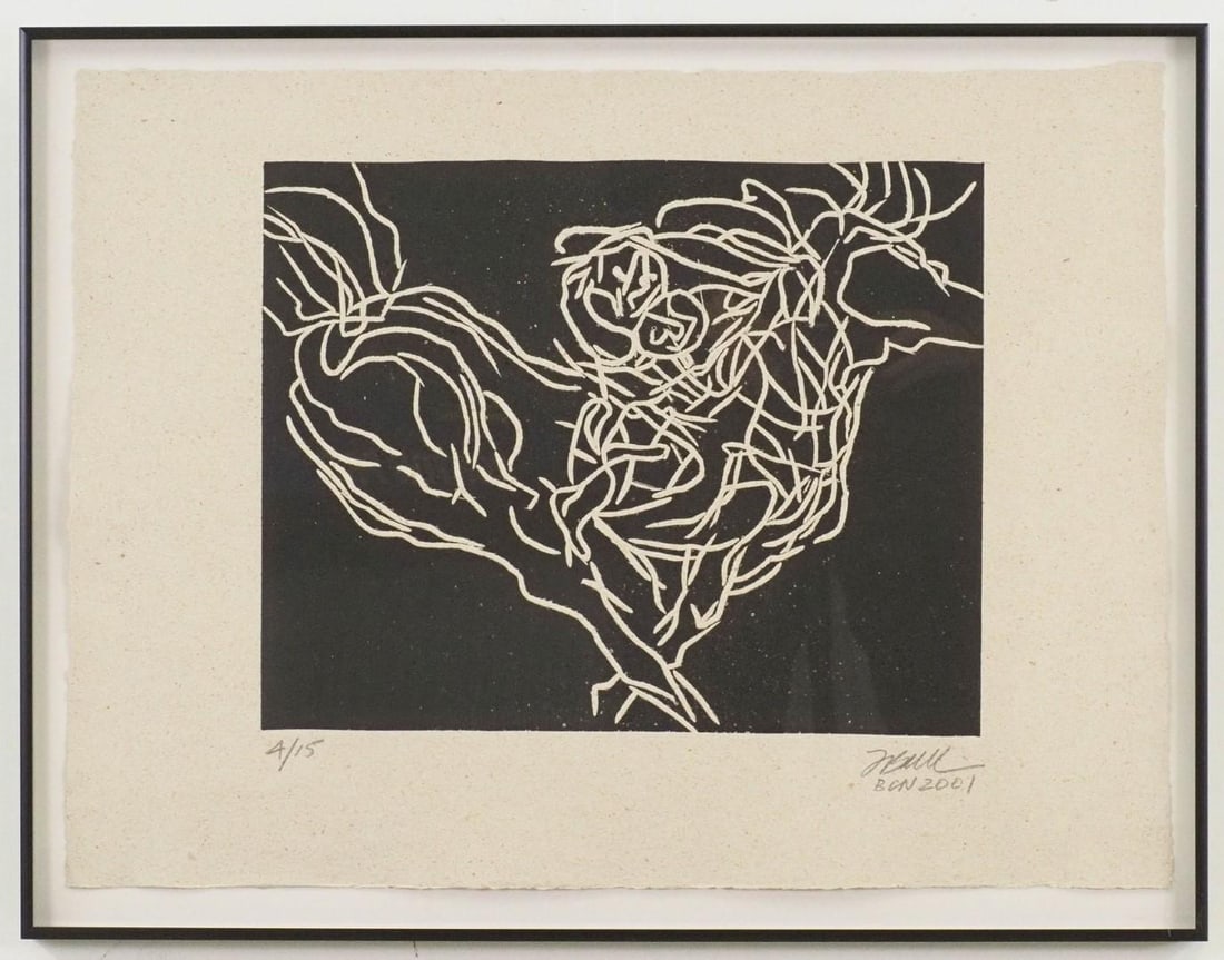 Fran Bull India Ink Print On Pressed Paper: "Horse & Rider 2", 4/15, SLR, "F Bull BCN 2001", 21 3/4" x 28 1/4" framed 