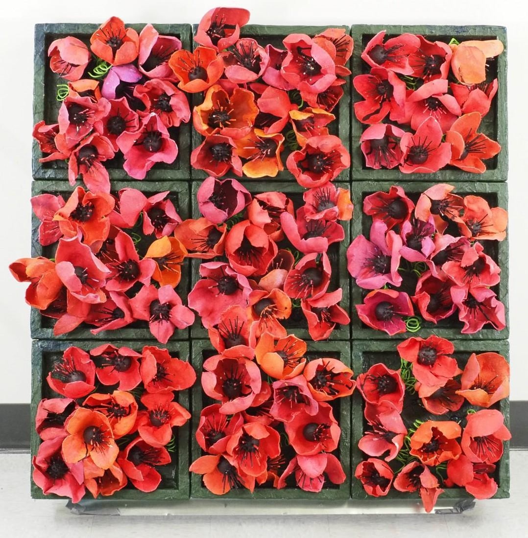 Fran Bull Plaster Cloth & Mixed Media Wall Sculpture: Was part of the In Flanders Field Installation, Poppies, 48"x48" 