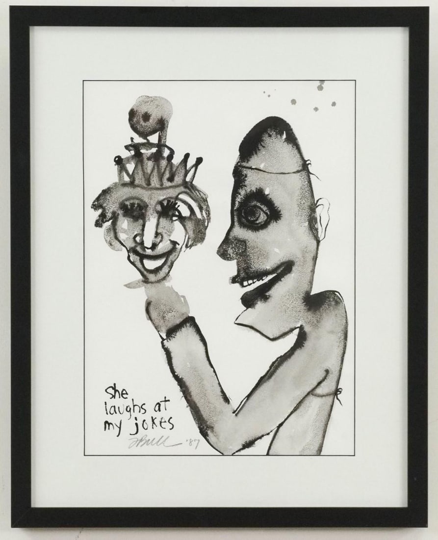 Fran Bull Ink on Paper Painting: "She laughs at my jokes", SLL, "F Bull '87", 20" x 16 1/4" Framed 