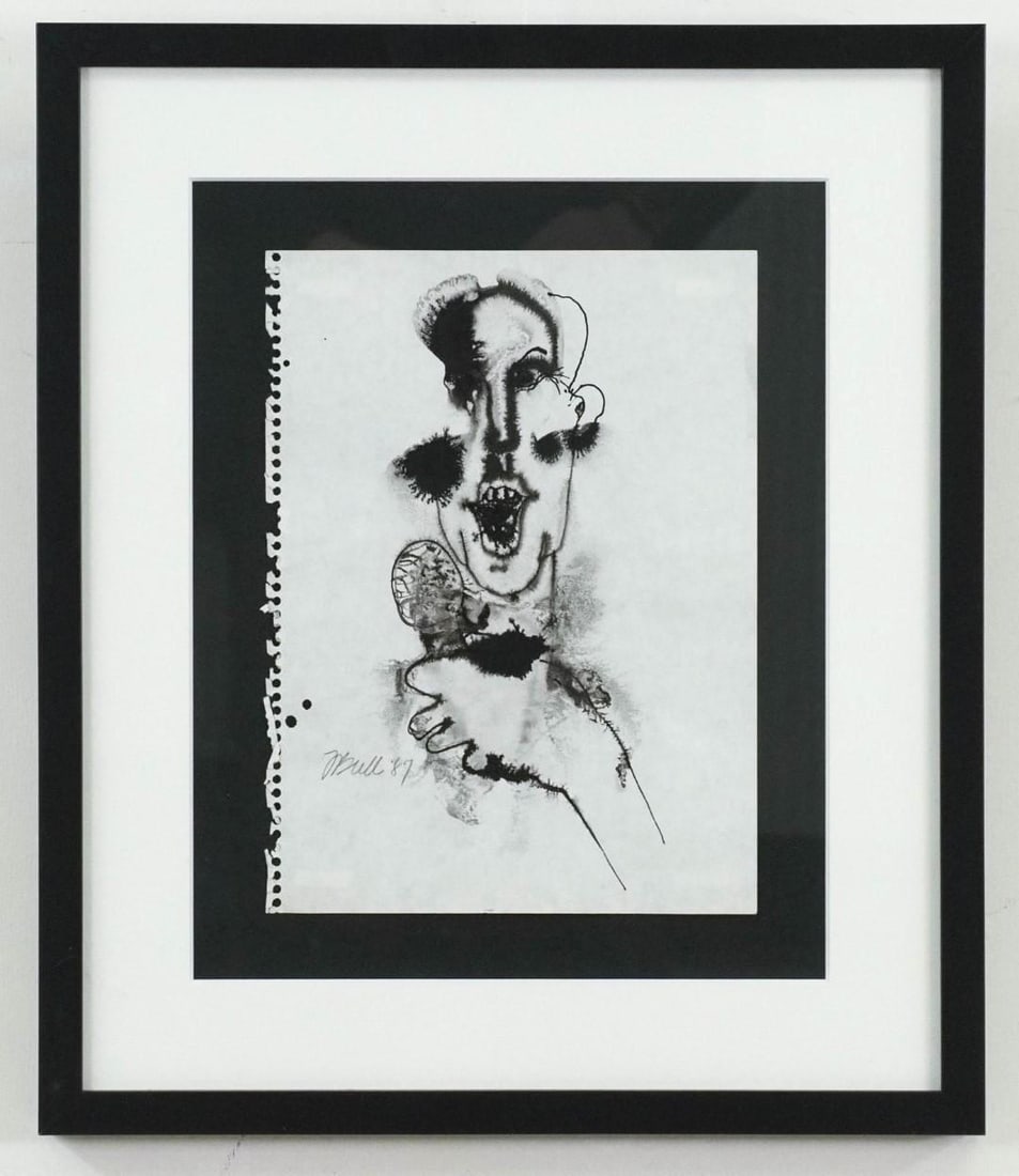 Fran Bull Ink on Paper Painting: "Radio Man", SLL, "F Bull '87", 20" x 17" Framed 